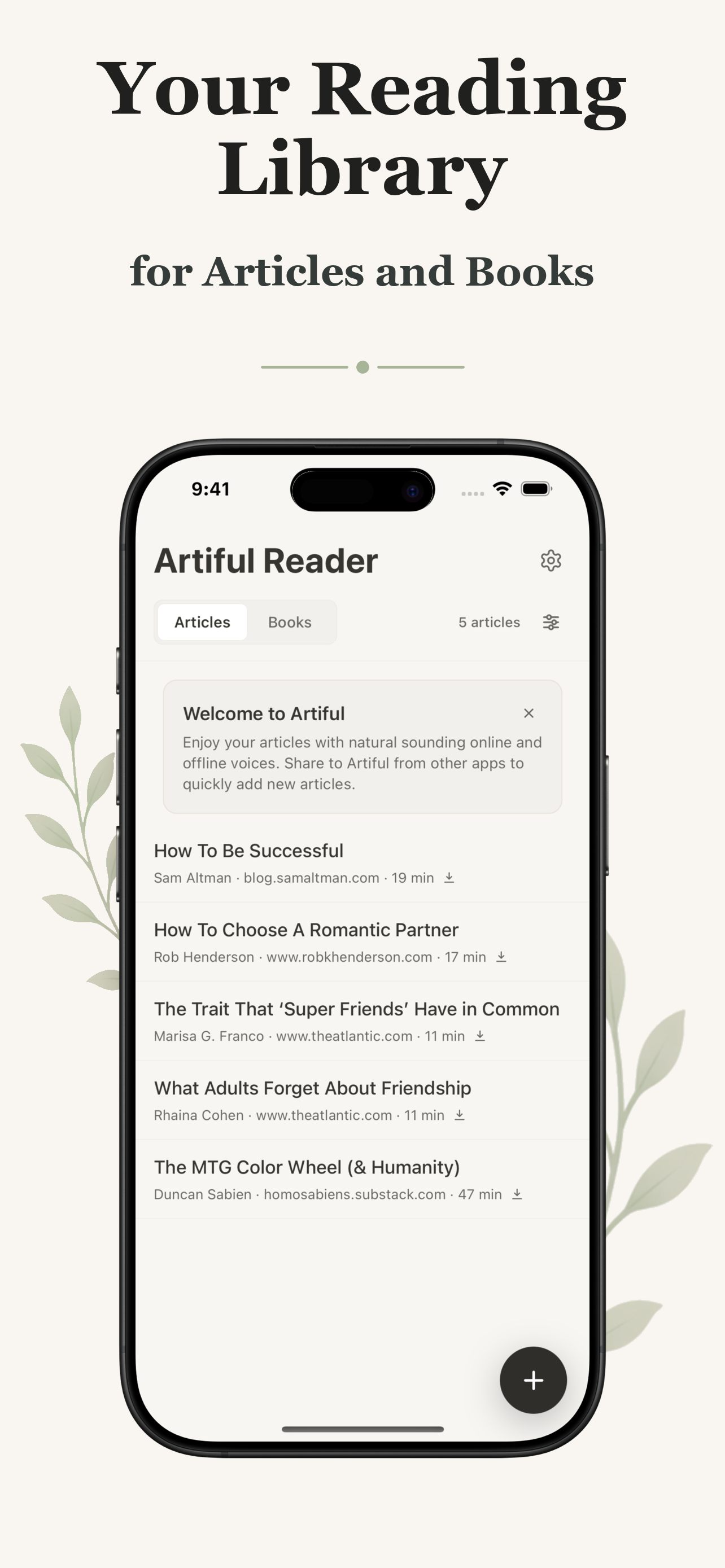 Artiful Reader's article library on an iPhone